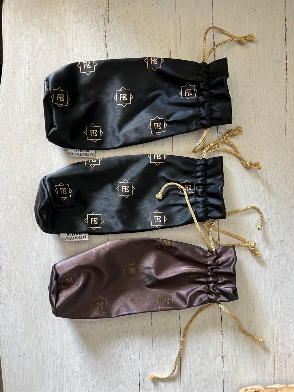 Montale Paris Black Satin Drawstring Pouches with Gold Logo Print